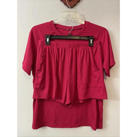 Other - Womens Large Pink Ribbed Shirt & Shorts Comfy Pull-On Stretchy Lounge Set! A893